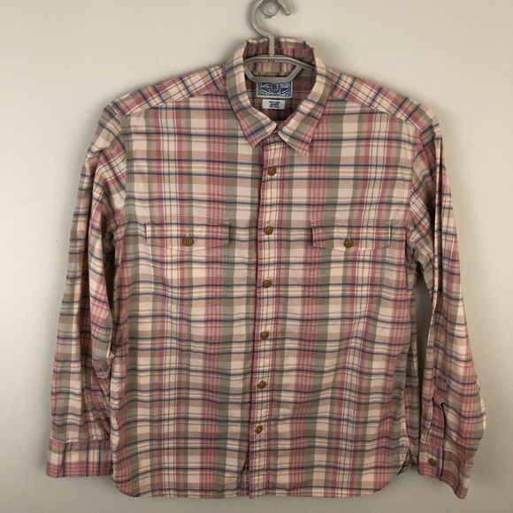 Lucky Brand Shirt Mens L Plaid Cotton Tan Pink Button Up Collared Long S… - Picture 2 of 14
